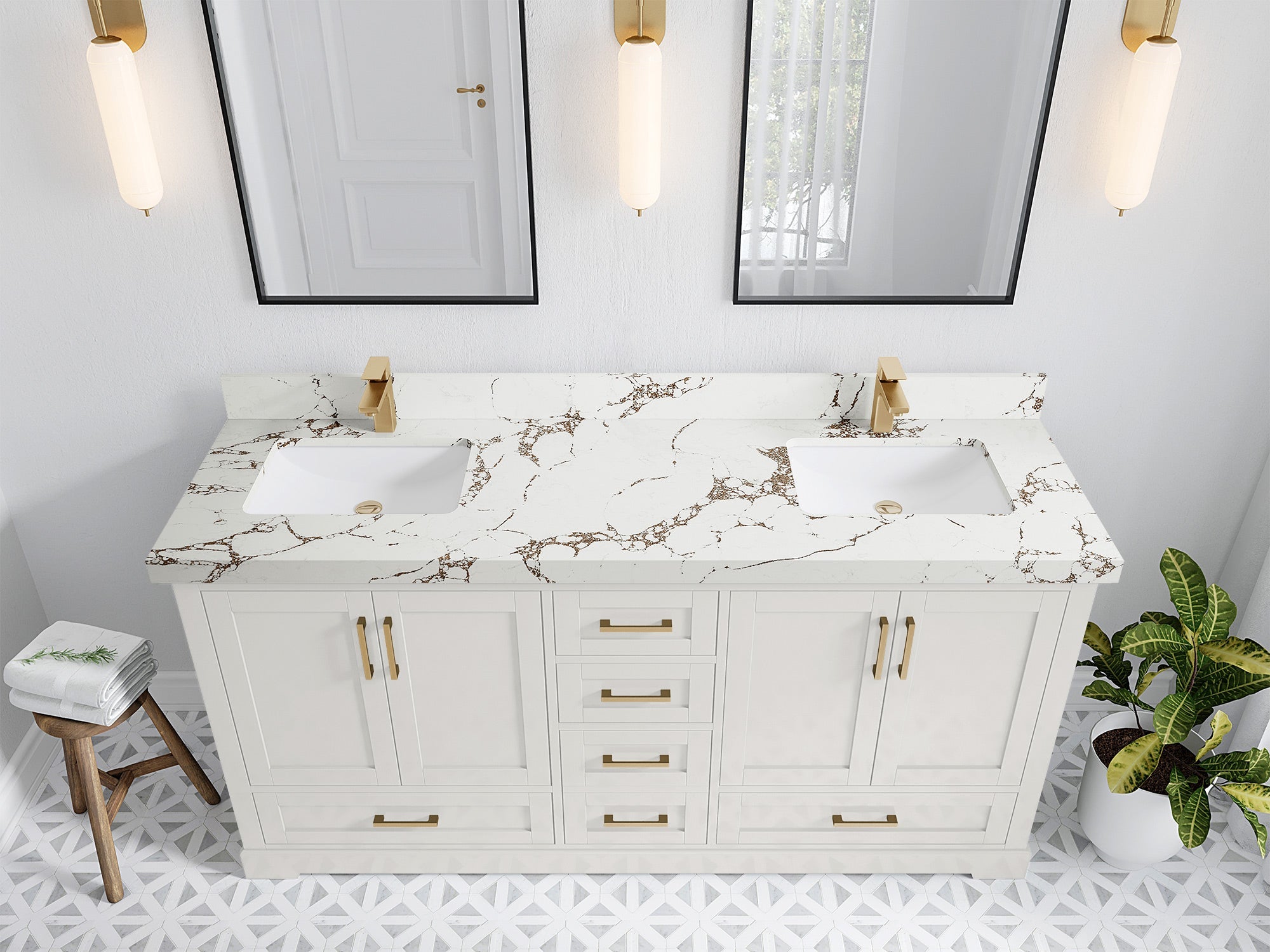Boston 72 in. W x 22 in. D Double Sink Bathroom Vanity in Alabaster with 2 in Viola Brown Quartz Countertop - Top View