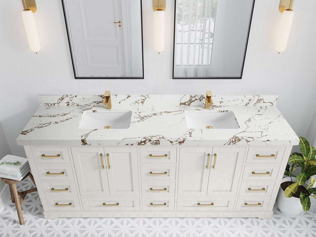 Boston 84 in. W x 22 in. D Double Sink Bathroom Vanity in Alabaster with 2 in Viola Brown Quartz Countertop - Top View