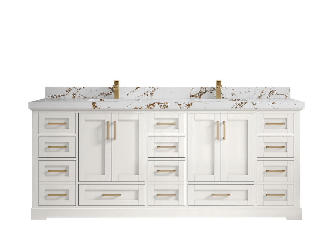 Boston 84 in. W x 22 in. D Double Sink Bathroom Vanity in Alabaster with 2 in Viola Brown Quartz Countertop
