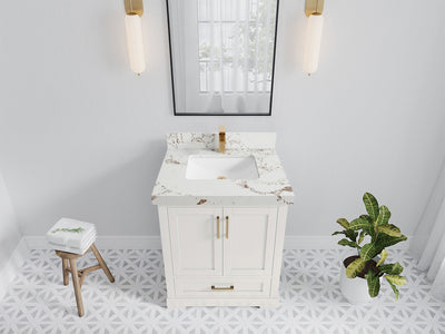 Boston 30 in. W x 22 in. D Single Sink Bathroom Vanity in Alabaster with 2 in Viola Gold Quartz Countertop - Top View