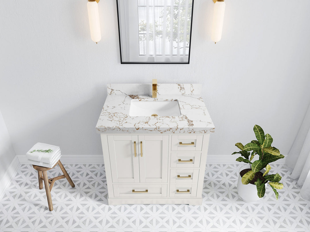 Boston 36 in. W x 22 in. D Single Sink Bathroom Vanity in Alabaster with 2 in Viola Gold Quartz Countertop - Top View
