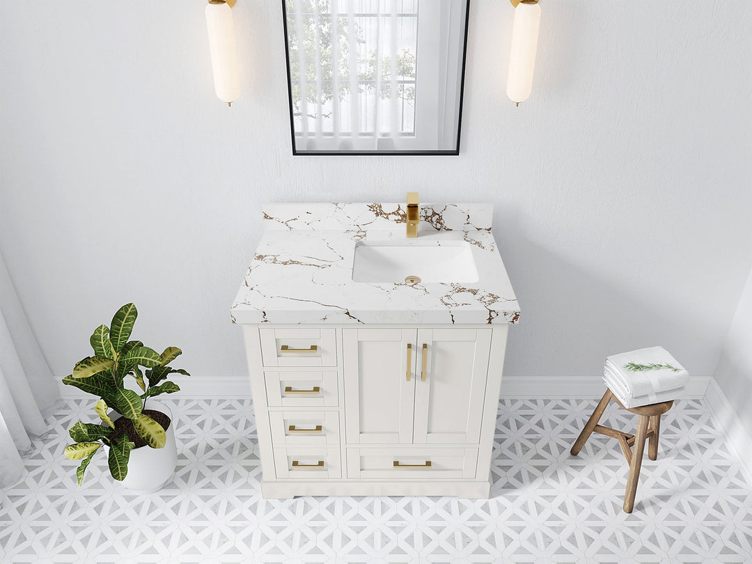 Boston 36 in. W x 22 in. D Single Sink Bathroom Vanity in Alabaster with 2 in Viola Gold Quartz Countertop - Top View