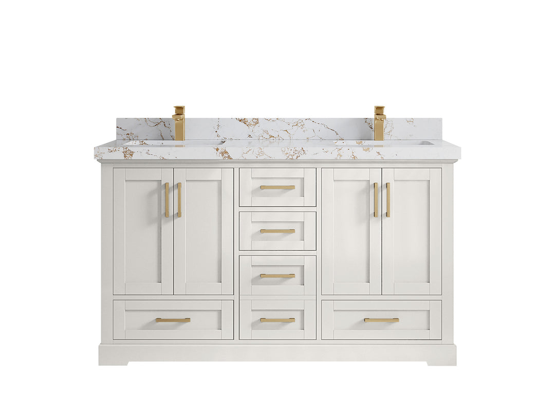 Boston 60 in. W x 22 in. D Double Sink Bathroom Vanity in Alabaster with 2 in Viola Gold Quartz Countertop