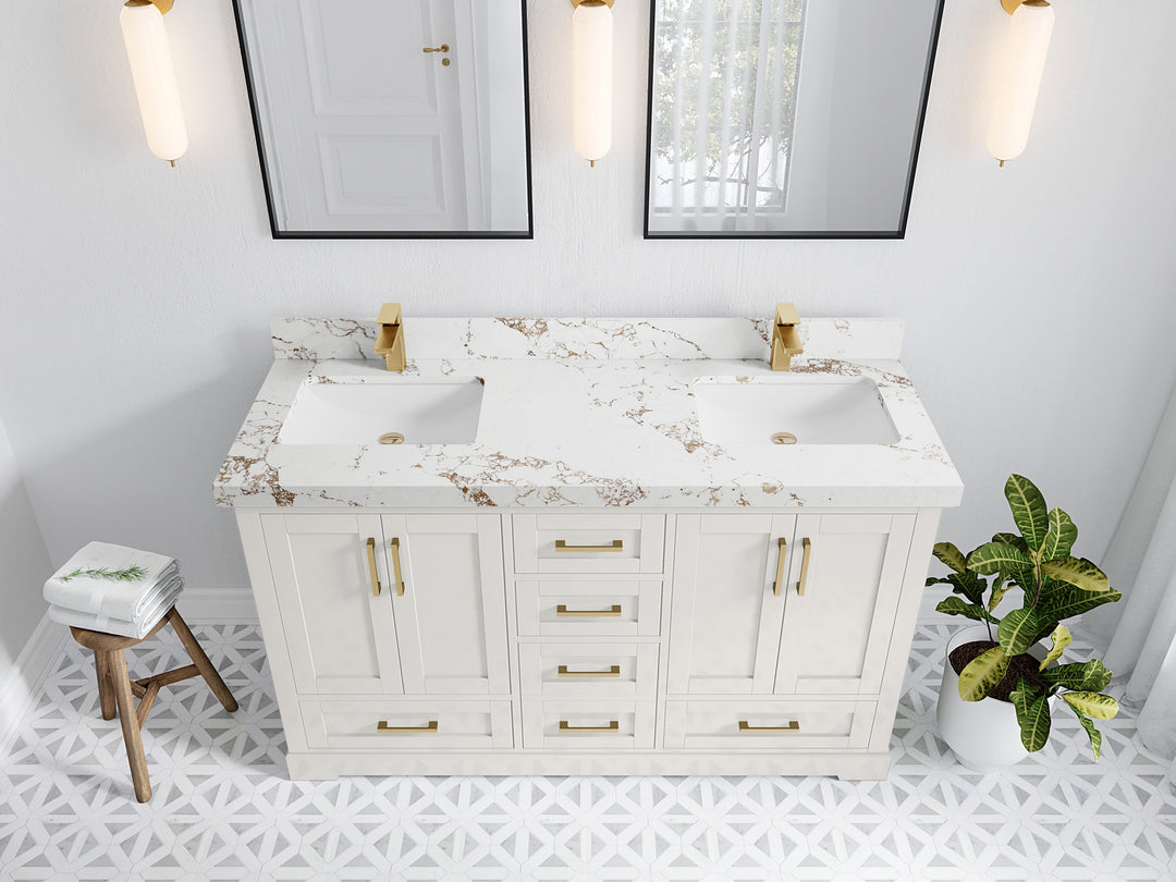 Boston 60 in. W x 22 in. D Double Sink Bathroom Vanity in Alabaster with 2 in Viola Gold Quartz Countertop - Top View
