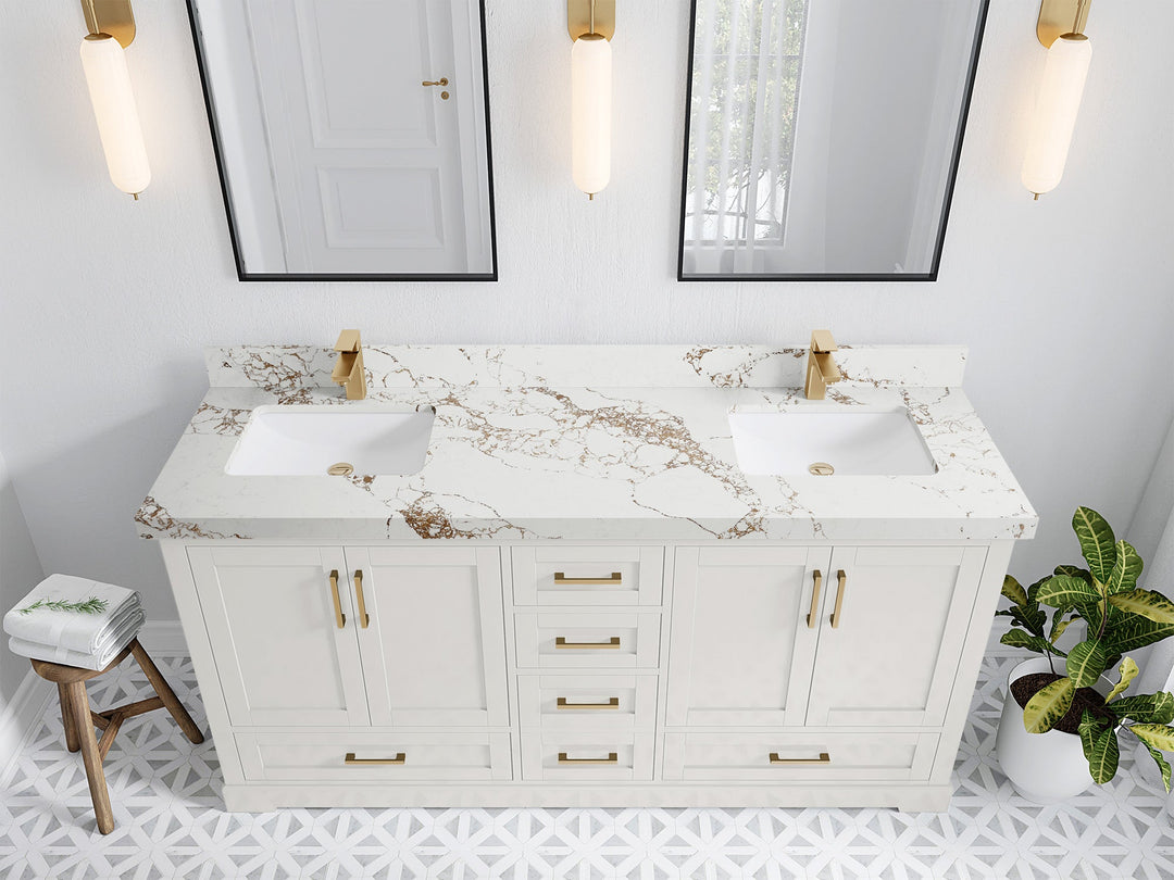 Boston 72 in. W x 22 in. D Double Sink Bathroom Vanity in Alabaster with 2 in Viola Gold Quartz Countertop - Top View
