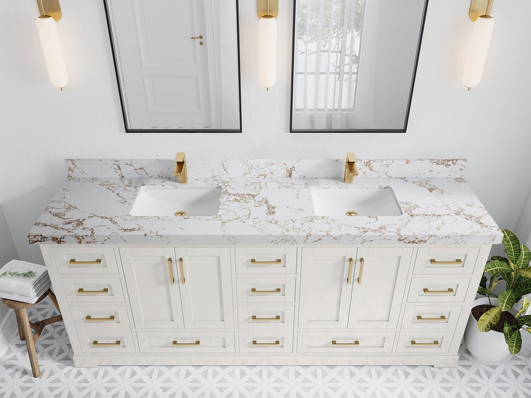 Boston 84 in. W x 22 in. D Double Sink Bathroom Vanity in Alabaster with 2 in Viola Gold Quartz Countertop - Top View