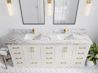Boston 84 in. W x 22 in. D Double Sink Bathroom Vanity in Alabaster with 2 in Viola Gold Quartz Countertop - Top View