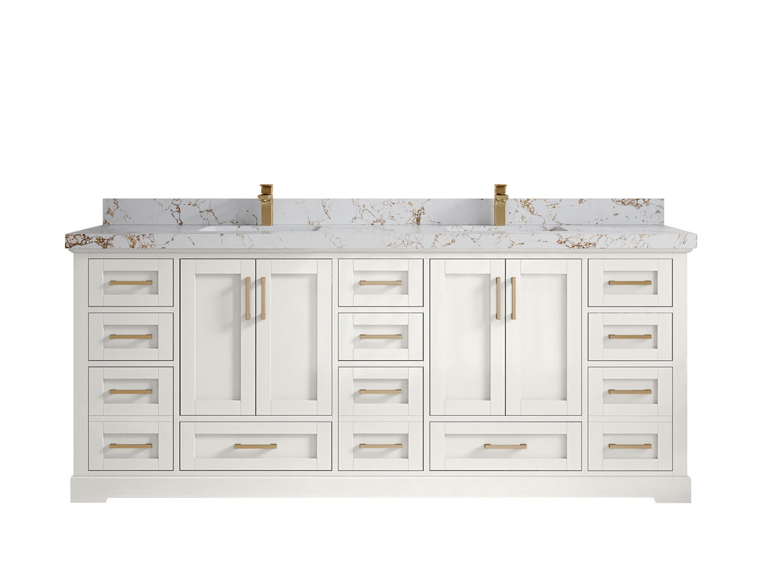 Boston 84 in. W x 22 in. D Double Sink Bathroom Vanity in Alabaster with 2 in Viola Gold Quartz Countertop