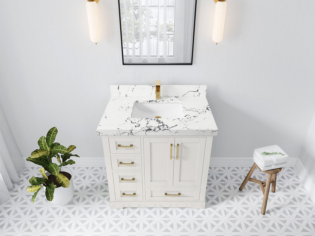 Boston 36 in. W x 22 in. D Single Sink Bathroom Vanity in Alabaster with 2 in Viola Night Quartz Countertop - Top View