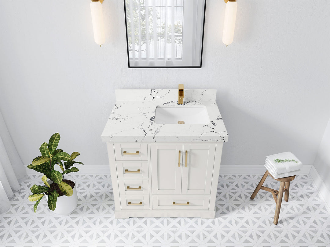 Boston 36 in. W x 22 in. D Single Sink Bathroom Vanity in Alabaster with 2 in Viola Night Quartz Countertop - Top View