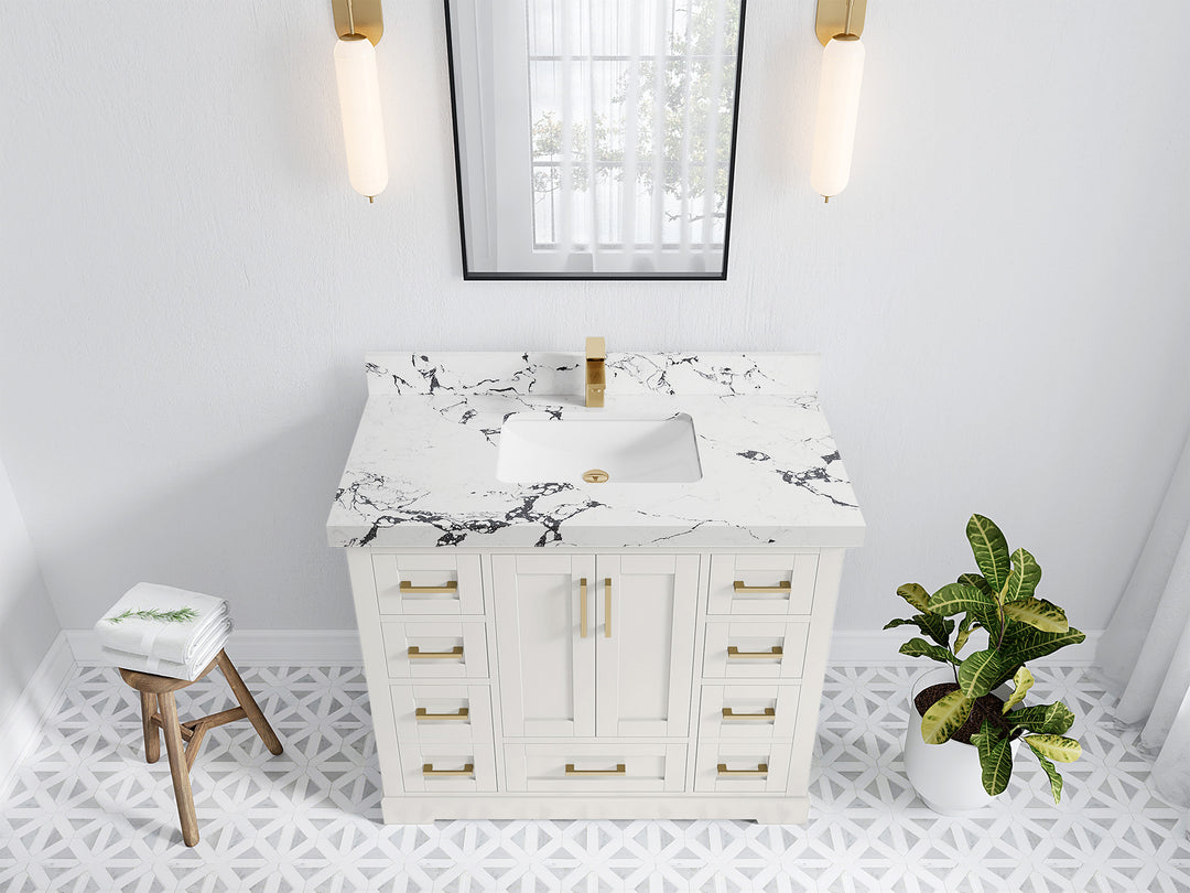 Boston 42 in. W x 22 in. D Single Sink Bathroom Vanity in Alabaster with 2 in Viola Night Quartz Countertop - Top View