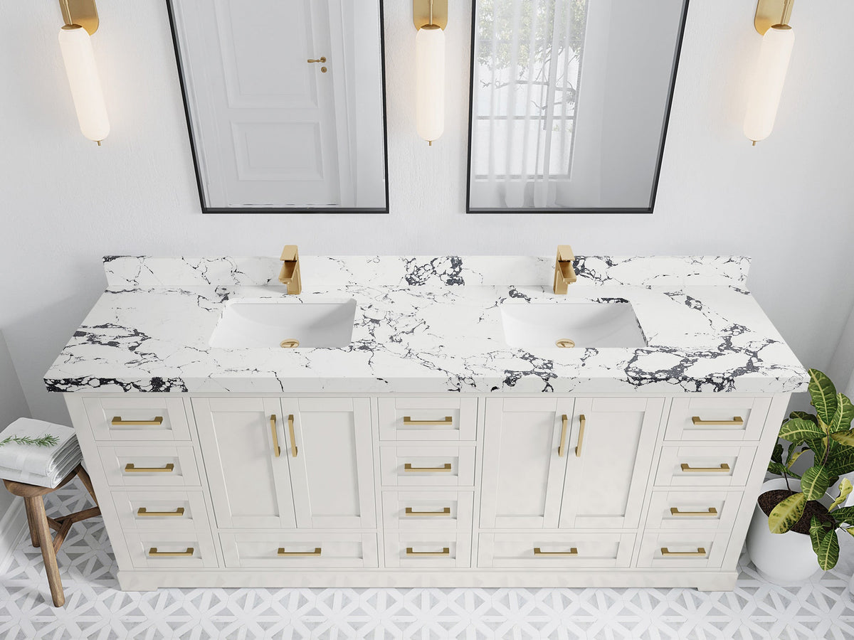 Boston 84 in. W x 22 in. D Double Sink Bathroom Vanity in Alabaster with 2 in Viola Night Quartz Countertop - Top View