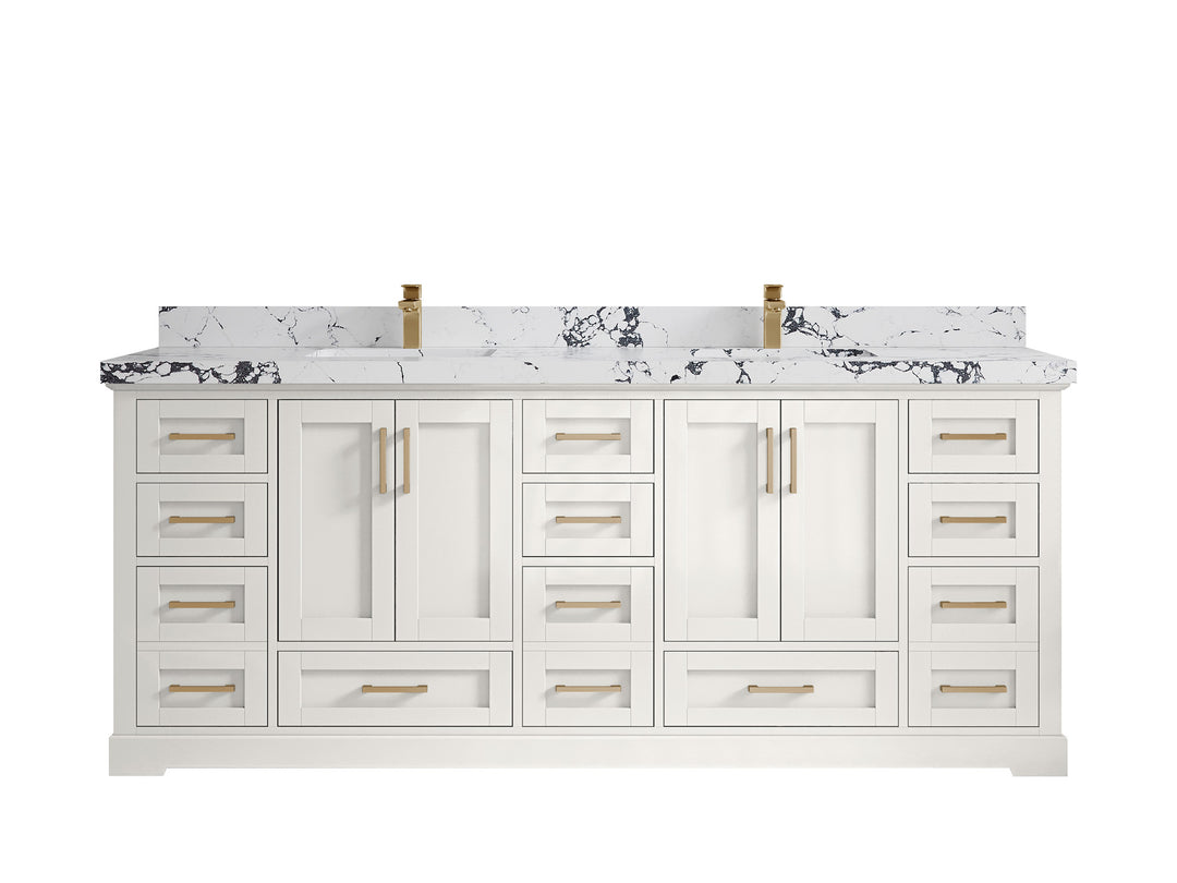 Boston 84 in. W x 22 in. D Double Sink Bathroom Vanity in Alabaster with 2 in Viola Night Quartz Countertop