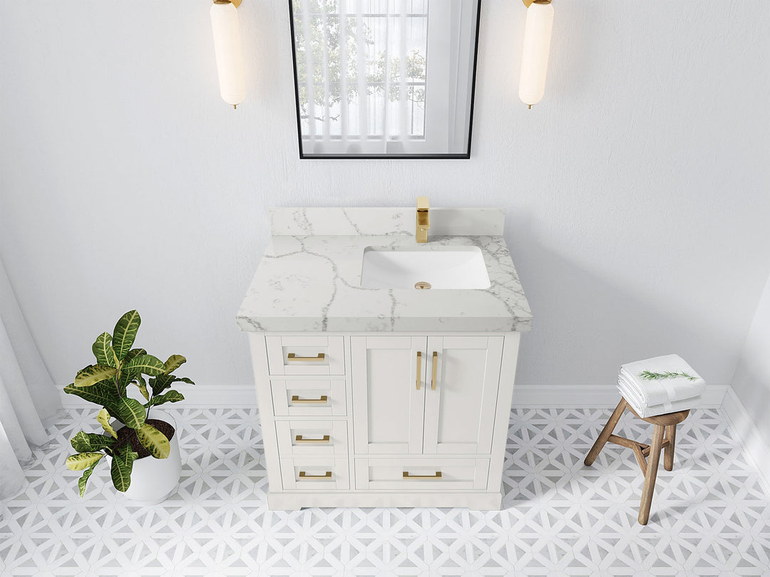 Boston 36 in. W x 22 in. D Single Sink Bathroom Vanity in Alabaster with 2 in Venatino Quartz Countertop - Top View