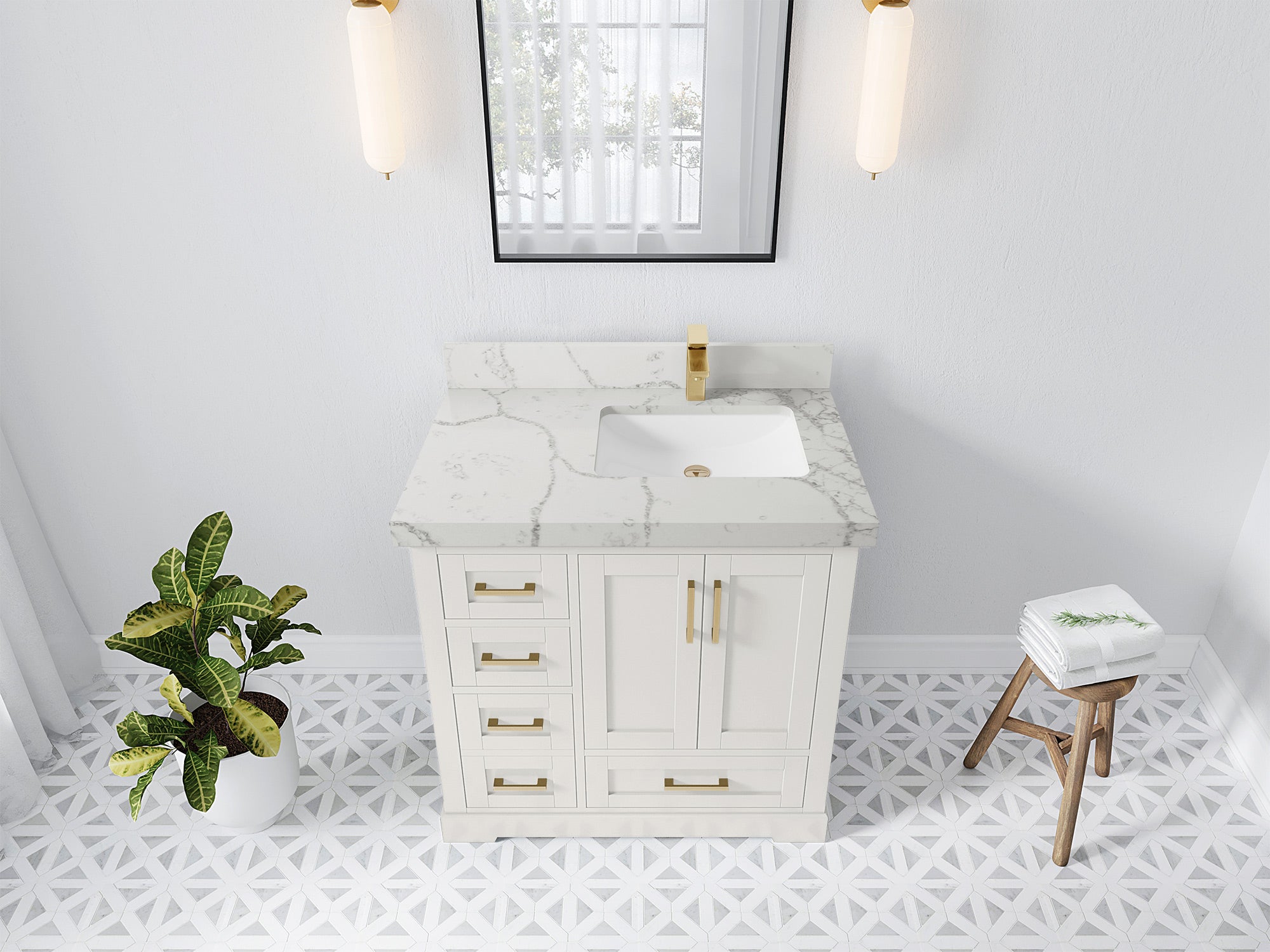 Boston 36 in. W x 22 in. D Single Sink Bathroom Vanity in Alabaster with 2 in Venatino Quartz Countertop - Top View