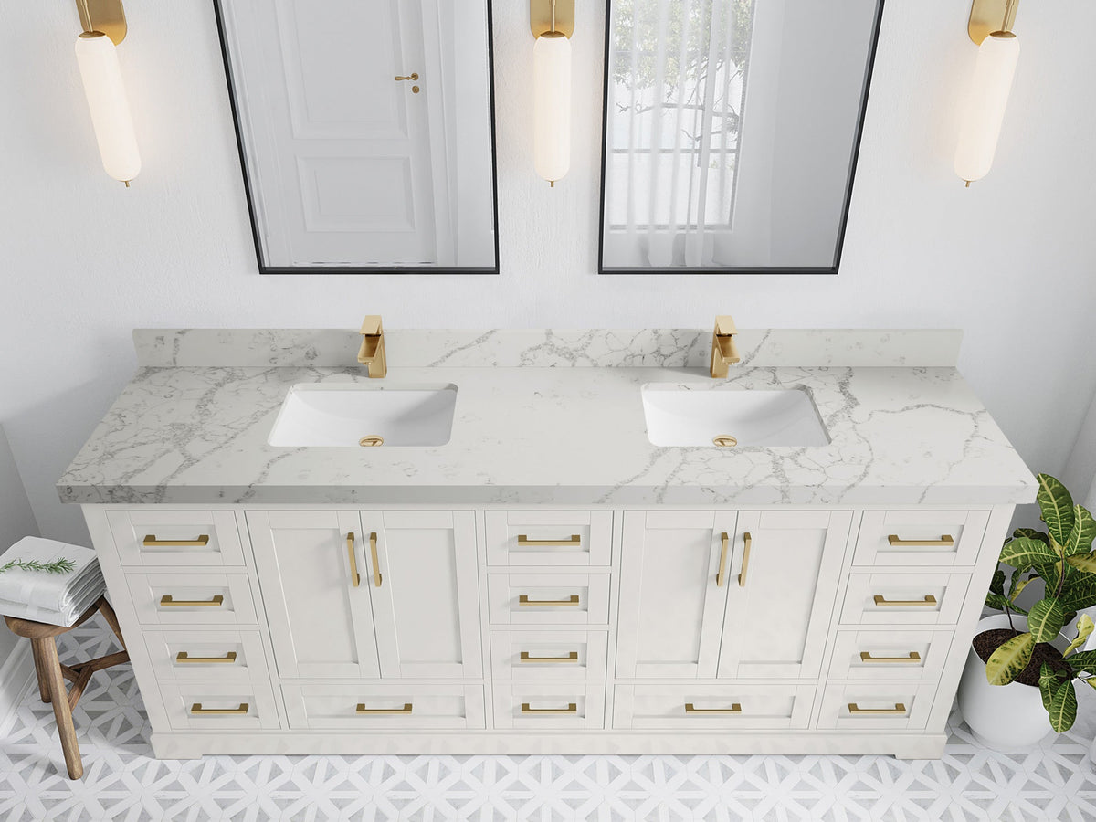 Boston 84 in. W x 22 in. D Double Sink Bathroom Vanity in Alabaster with 2 in Venatino Quartz Countertop - Top View