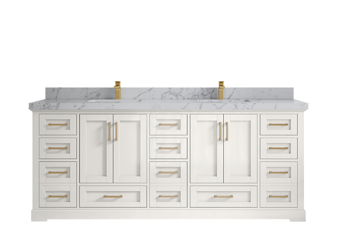Boston 84 in. W x 22 in. D Double Sink Bathroom Vanity in Alabaster with 2 in Venatino Quartz Countertop