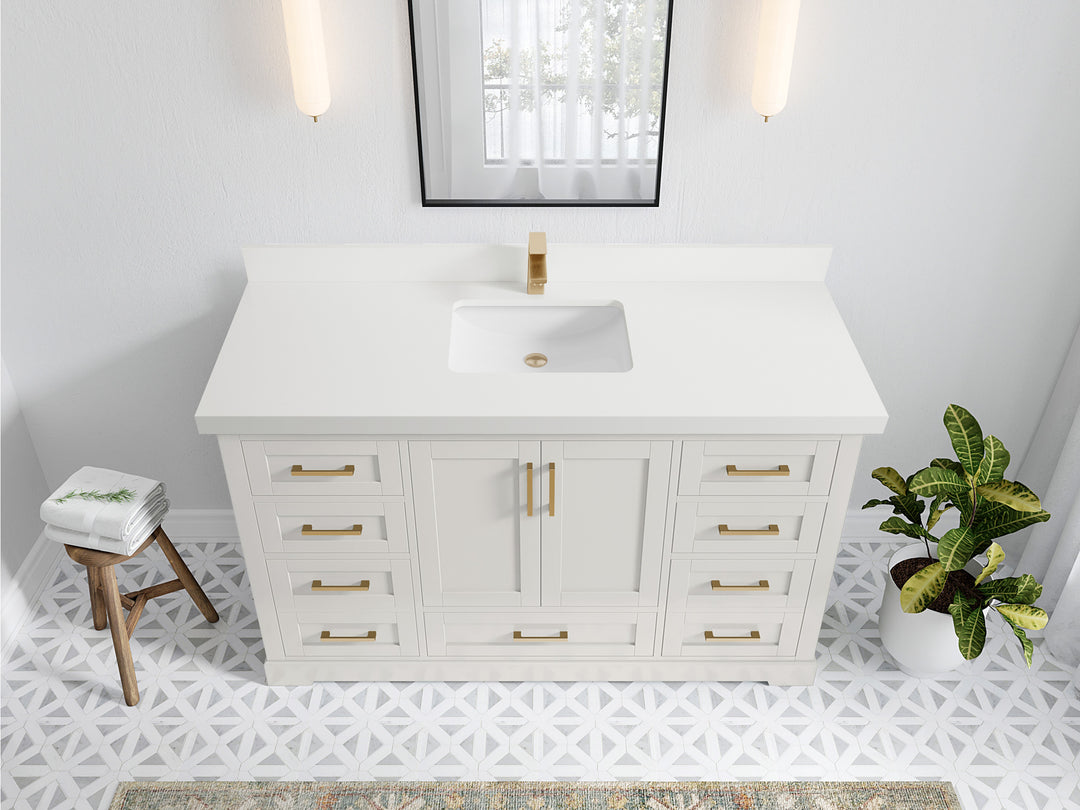 Boston 60 in. W x 22 in. D Single Sink Bathroom Vanity in Alabaster with 2 in White Quartz Countertop - Top View