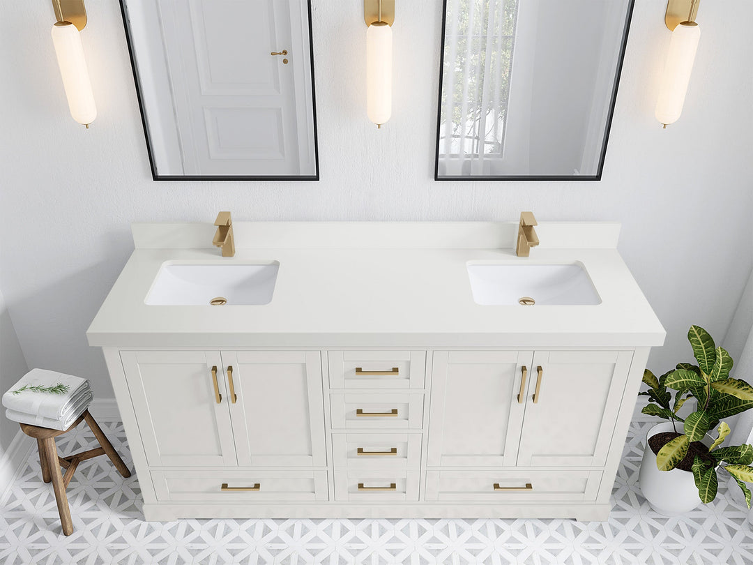 Boston 72 in. W x 22 in. D Double Sink Bathroom Vanity in Alabaster with 2 in White Quartz Countertop - Top View