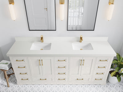 Boston 84 in. W x 22 in. D Double Sink Bathroom Vanity in Alabaster with 2 in White Quartz Countertop - Top View