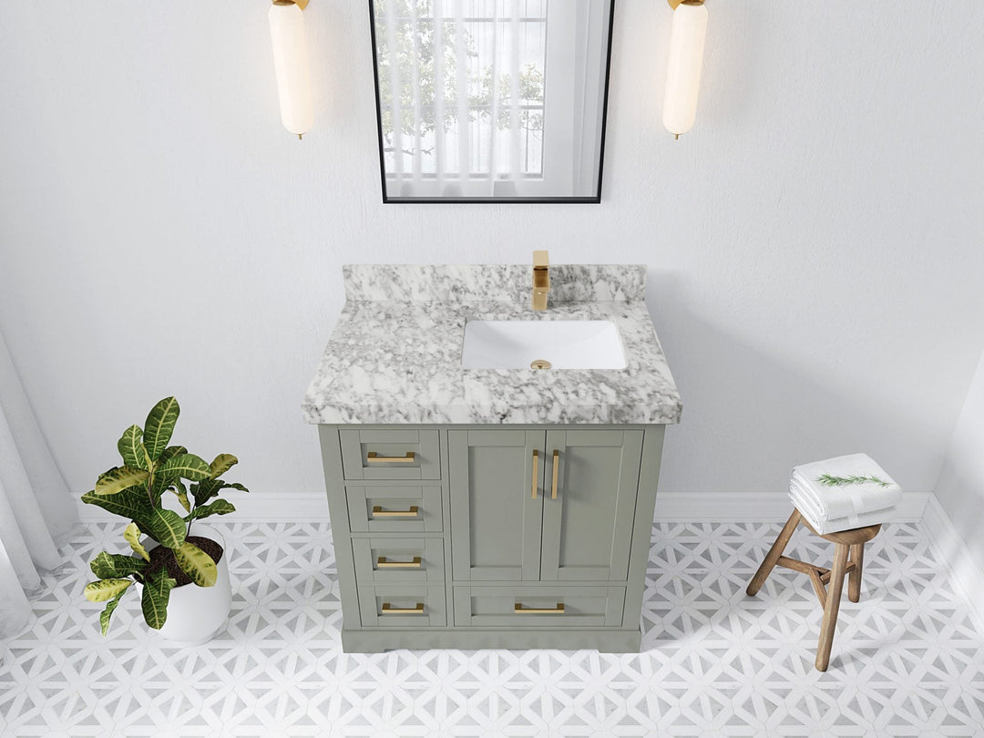 Boston 36 in. W x 22 in. D Single Sink Bathroom Vanity in Evergreen with 2 in Carrara Marble Countertop - Top View