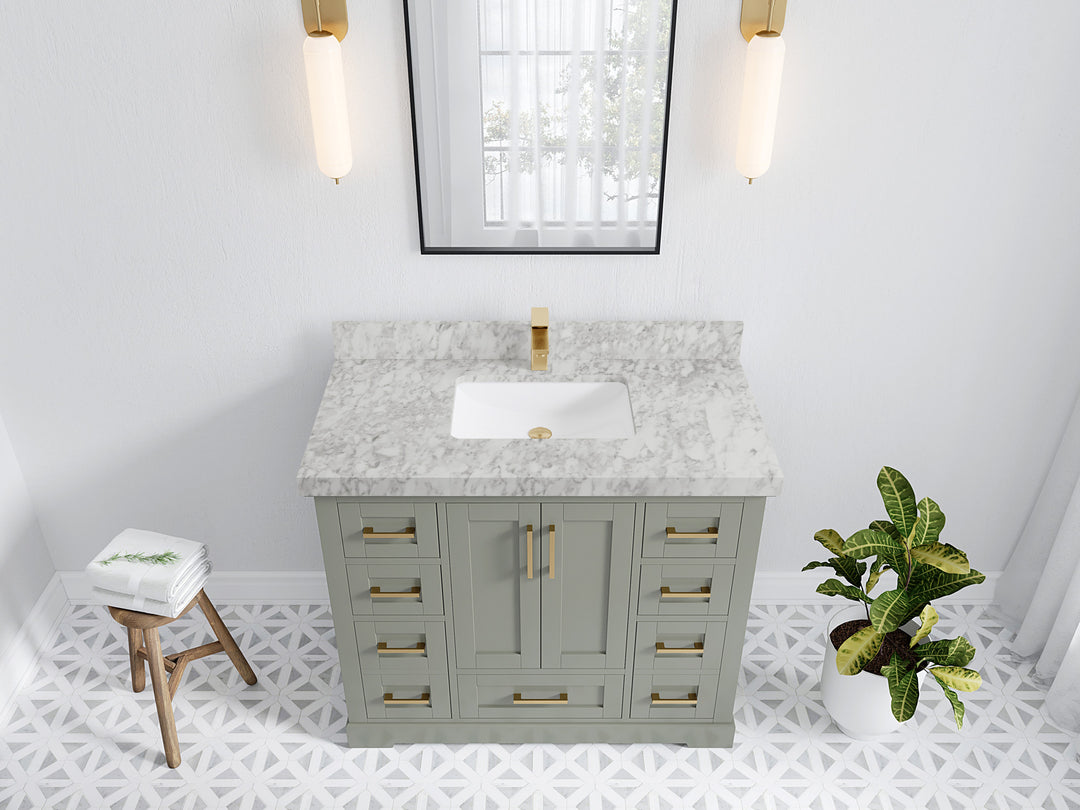 Boston 42 in. W x 22 in. D Single Sink Bathroom Vanity in Evergreen with 2 in Carrara Marble Countertop - Top View