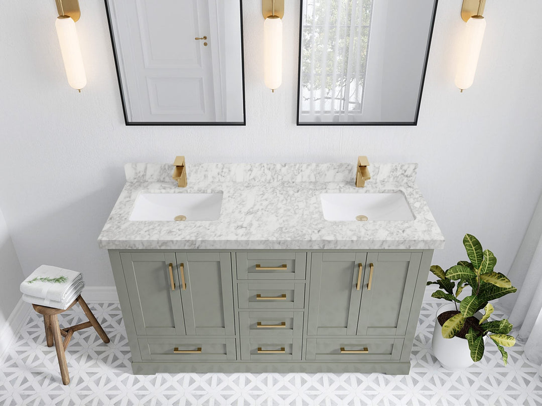 Boston 60 in. W x 22 in. D Double Sink Bathroom Vanity in Evergreen with 2 in Carrara Marble Countertop - Top View