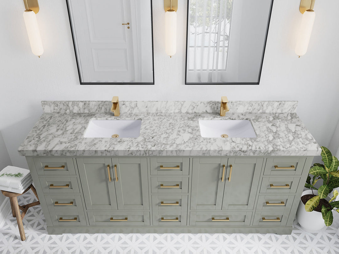 Boston 84 in. W x 22 in. D Double Sink Bathroom Vanity in Evergreen with 2 in Carrara Marble Countertop - Top View