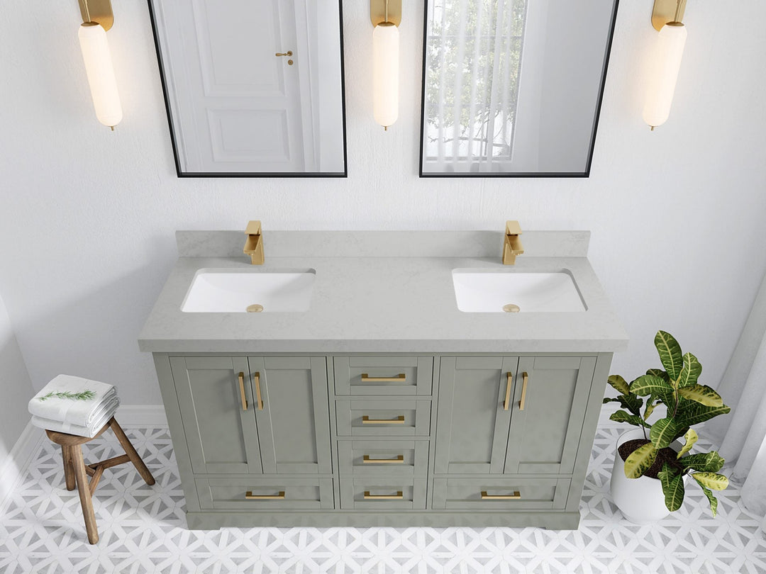 Boston 60 in. W x 22 in. D Double Sink Bathroom Vanity in Evergreen with 2 in Carrara Quartz Countertop - Top View