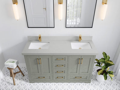 Boston 60 in. W x 22 in. D Double Sink Bathroom Vanity in Evergreen with 2 in Carrara Quartz Countertop - Top View