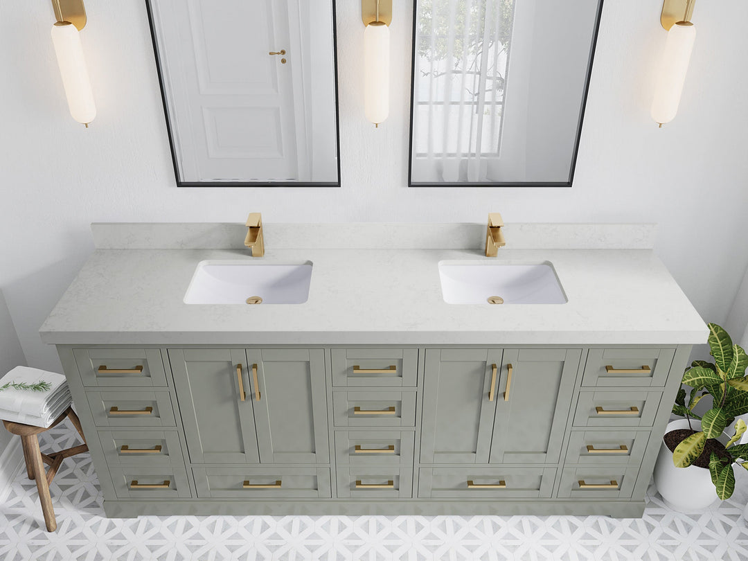 Boston 84 in. W x 22 in. D Double Sink Bathroom Vanity in Evergreen with 2 in Carrara Quartz Countertop - Top View