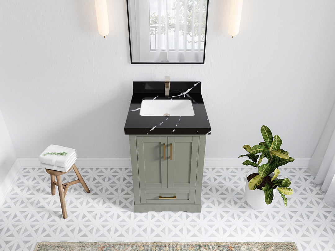 Boston 24 in. W x 22 in. D Single Sink Bathroom Vanity in Evergreen with 2 in Calacatta Black Quartz Countertop - Top View