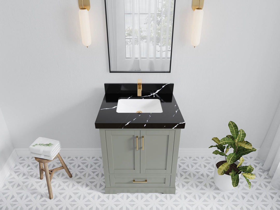 Boston 30 in. W x 22 in. D Single Sink Bathroom Vanity in Evergreen with 2 in Calacatta Black Quartz Countertop - Top View