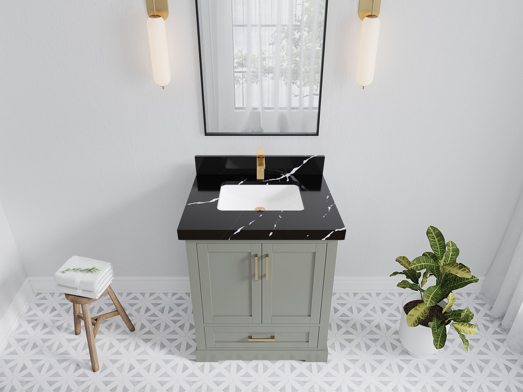 Boston 30 in. W x 22 in. D Single Sink Bathroom Vanity in Evergreen with 2 in Calacatta Black Quartz Countertop - Top View