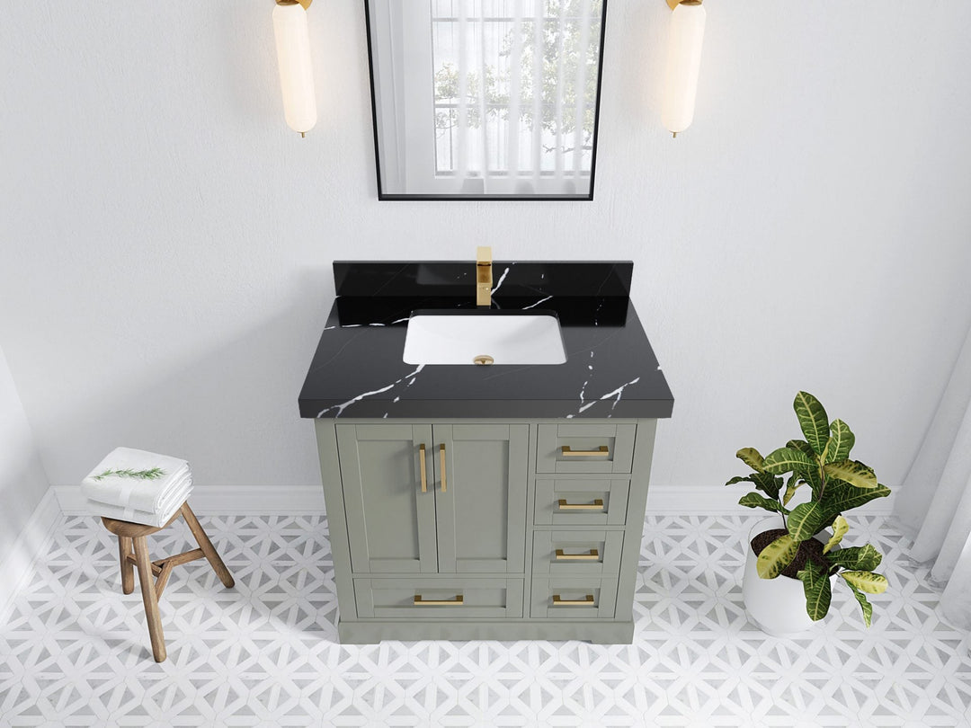 Boston 36 in. W x 22 in. D Single Sink Bathroom Vanity in Evergreen with 2 in Calacatta Black Quartz Countertop - Top View
