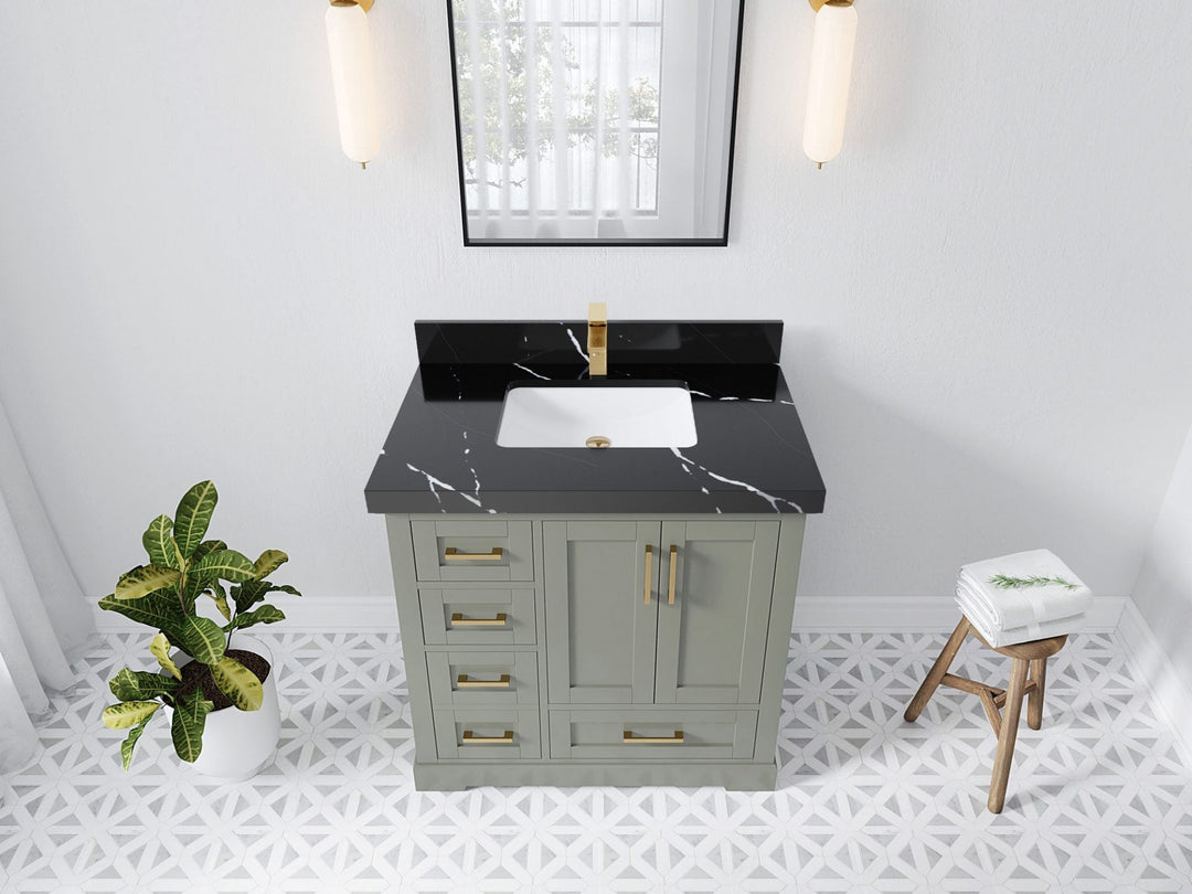 Boston 36 in. W x 22 in. D Single Sink Bathroom Vanity in Evergreen with 2 in Calacatta Black Quartz Countertop - Top View