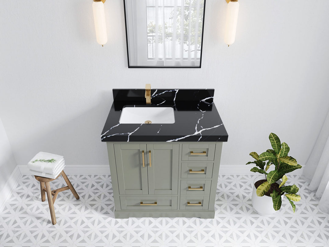 Boston 36 in. W x 22 in. D Single Sink Bathroom Vanity in Evergreen with 2 in Calacatta Black Quartz Countertop - Top View