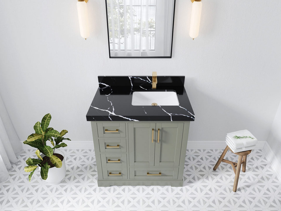 Boston 36 in. W x 22 in. D Single Sink Bathroom Vanity in Evergreen with 2 in Calacatta Black Quartz Countertop - Top View