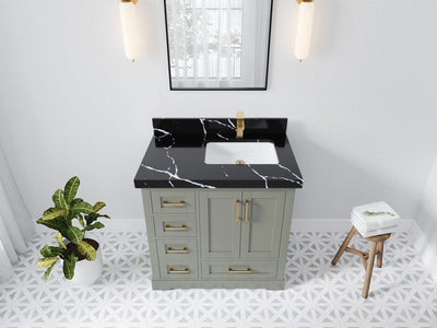 Boston 36 in. W x 22 in. D Single Sink Bathroom Vanity in Evergreen with 2 in Calacatta Black Quartz Countertop - Top View