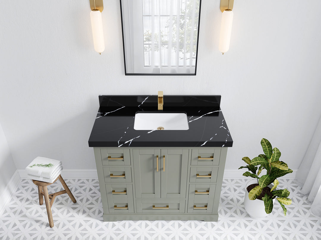 Boston 42 in. W x 22 in. D Single Sink Bathroom Vanity in Evergreen with 2 in Calacatta Black Quartz Countertop - Top View