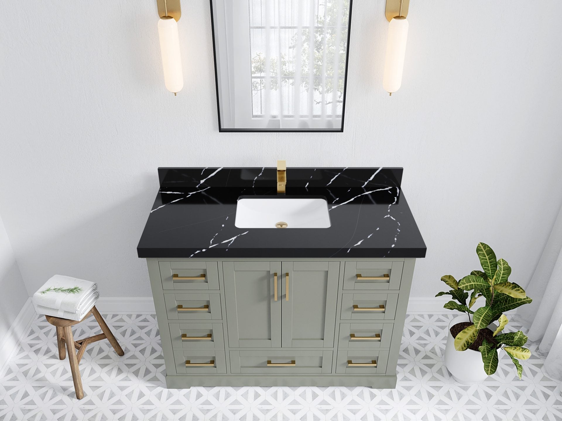 Boston 48 in. W x 22 in. D Single Sink Bathroom Vanity in Evergreen with 2 in Calacatta Black Quartz Countertop - Top View