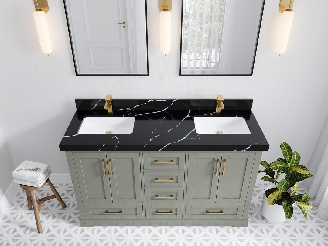 Boston 60 in. W x 22 in. D Double Sink Bathroom Vanity in Evergreen with 2 in Calacatta Black Quartz Countertop - Top View