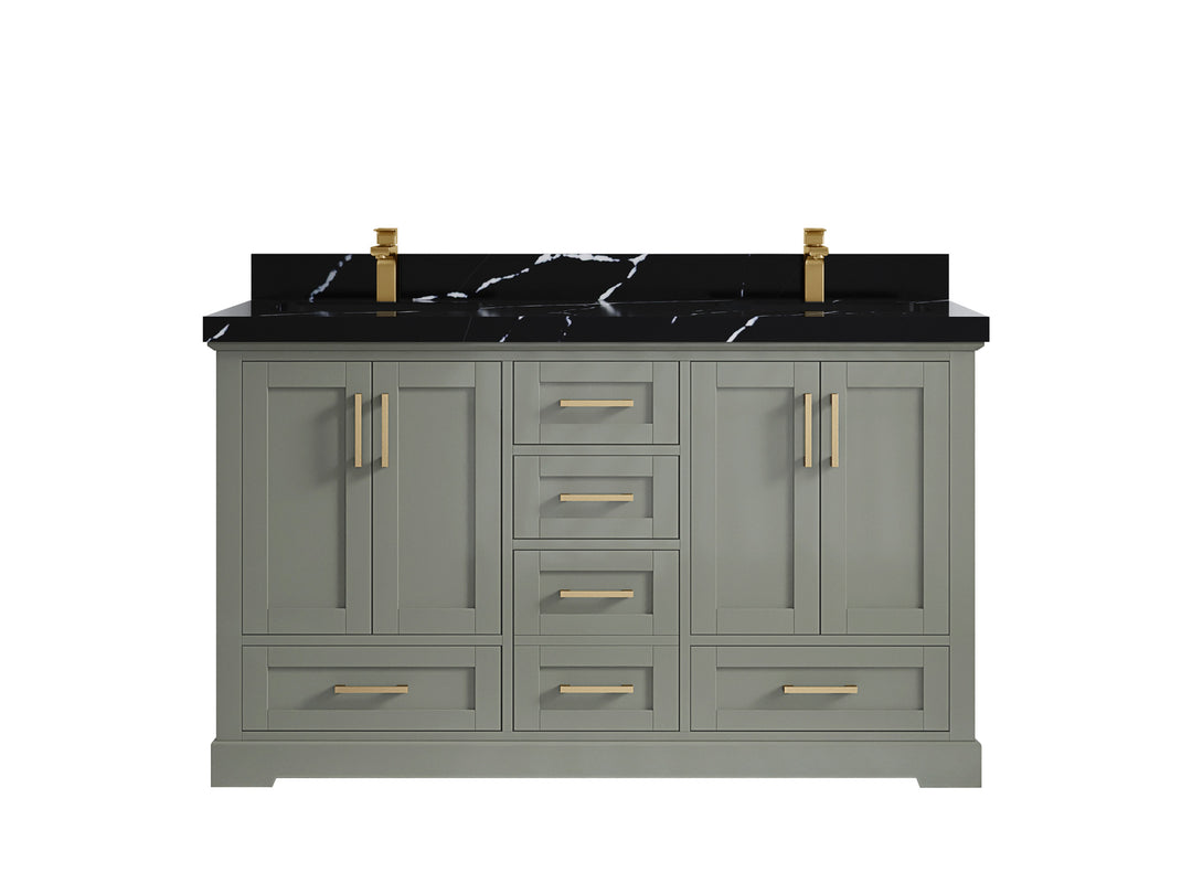 Boston 60 in. W x 22 in. D Double Sink Bathroom Vanity in Evergreen with 2 in Calacatta Black Quartz Countertop