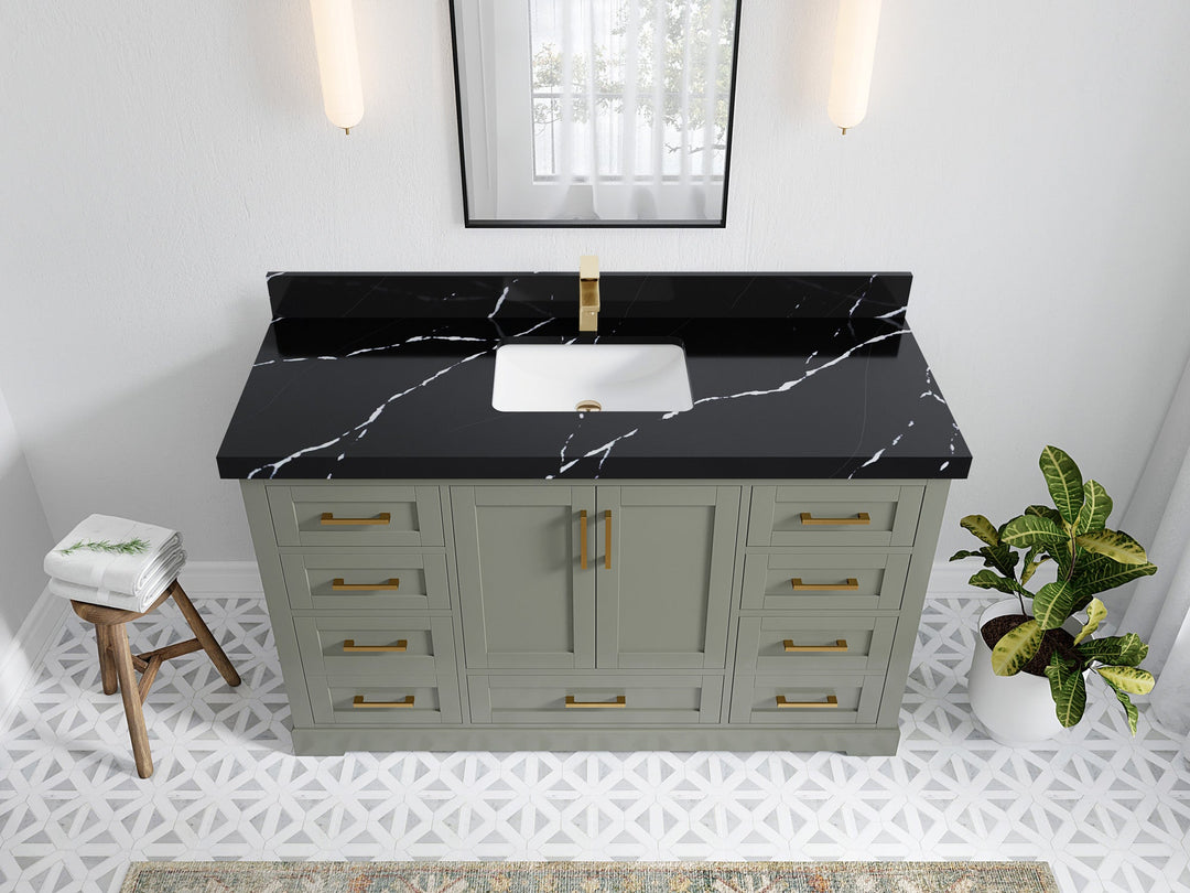 Boston 60 in. W x 22 in. D Single Sink Bathroom Vanity in Evergreen with 2 in Calacatta Black Quartz Countertop - Top View