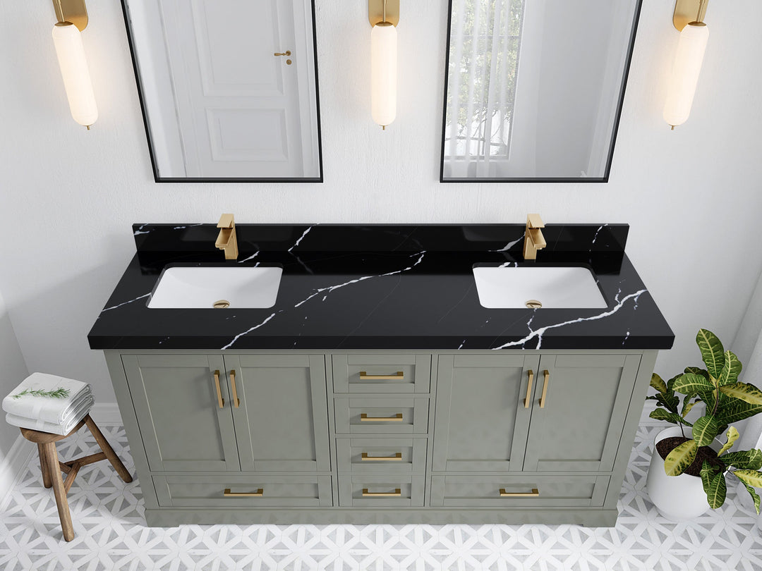 Boston 72 in. W x 22 in. D Double Sink Bathroom Vanity in Evergreen with 2 in Calacatta Black Quartz Countertop - Top View