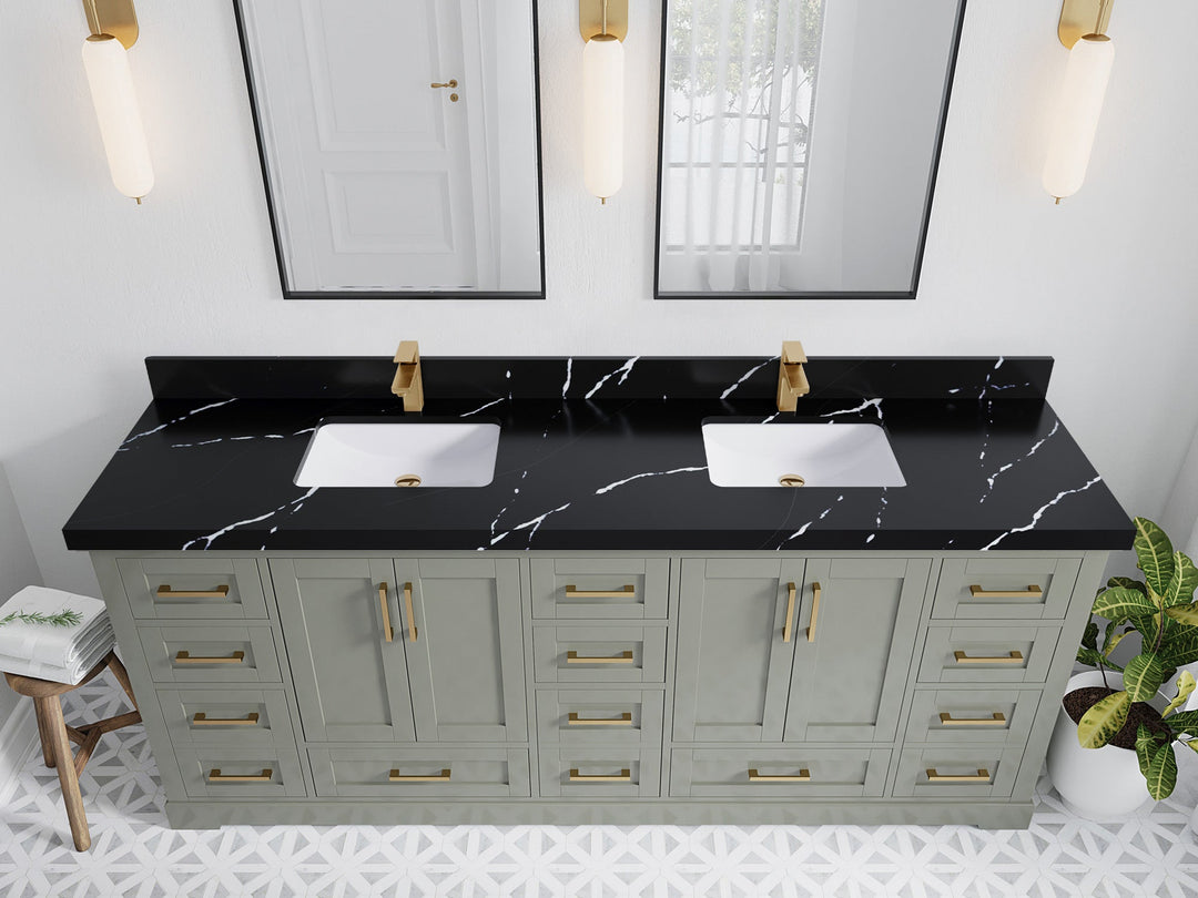 Boston 84 in. W x 22 in. D Double Sink Bathroom Vanity in Evergreen with 2 in Calacatta Black Quartz Countertop - Top View