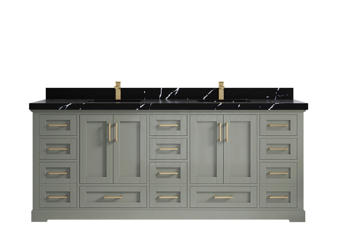 Boston 84 in. W x 22 in. D Double Sink Bathroom Vanity in Evergreen with 2 in Calacatta Black Quartz Countertop