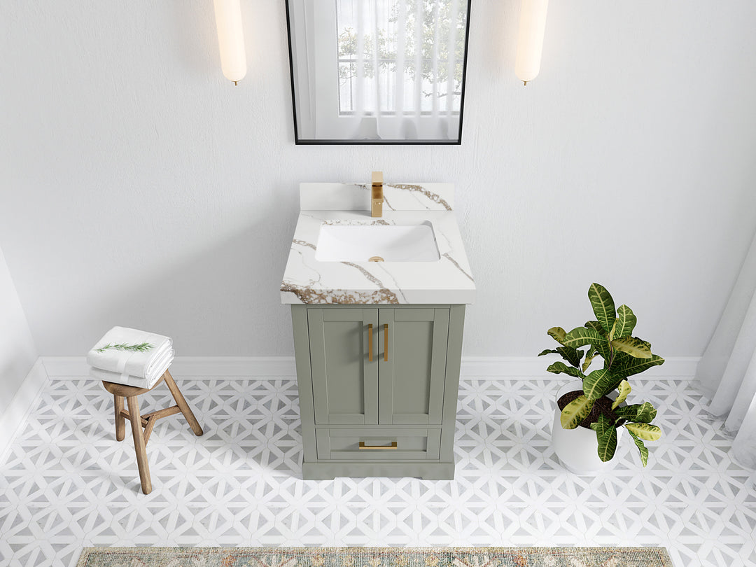 Boston 24 in. W x 22 in. D Single Sink Bathroom Vanity in Evergreen with 2 in Calacatta Gold Quartz Countertop - Top View