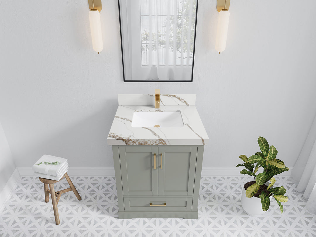 Boston 30 in. W x 22 in. D Single Sink Bathroom Vanity in Evergreen with 2 in Calacatta Gold Quartz Countertop - Top View