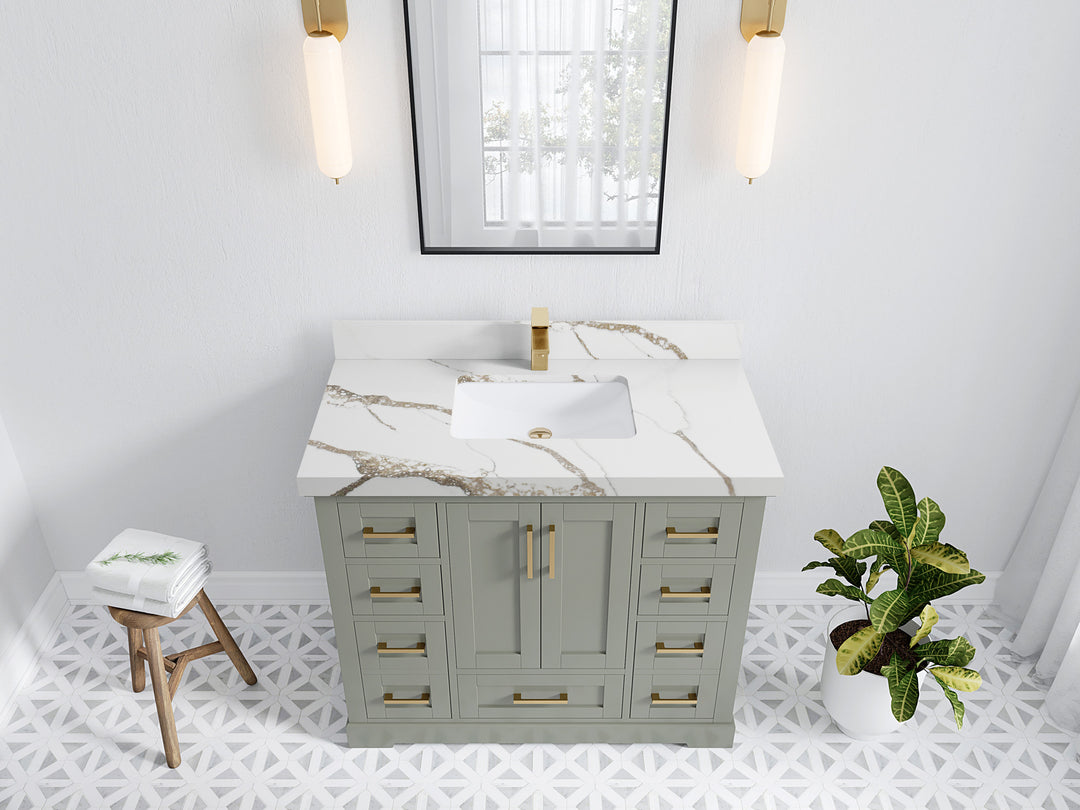 Boston 42 in. W x 22 in. D Single Sink Bathroom Vanity in Evergreen with 2 in Calacatta Gold Quartz Countertop - Top View